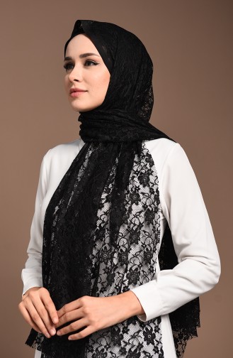 Desenli Narin Dantel Şal 4711-01 Siyah