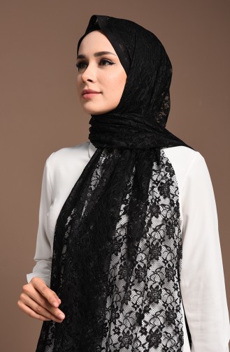 Desenli Narin Dantel Şal 4711-01 Siyah