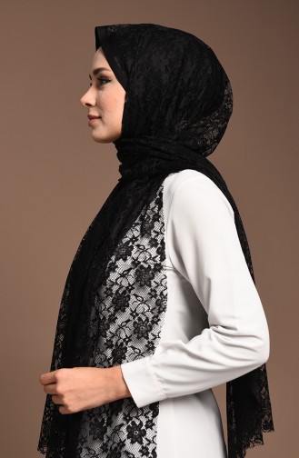 Desenli Narin Dantel Şal 4711-01 Siyah