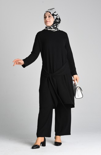 Büyük Beden Kuşaklı Tunik Pantolon İkili Takım 1505-05 Siyah