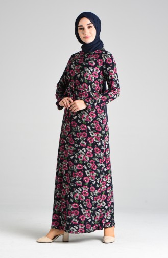 Floral Pattern Belted Dress 8877-02 Navy Blue 8877-02
