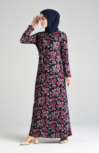 Floral Pattern Belted Dress 8877-02 Navy Blue 8877-02