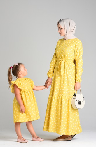 Patterned Mother and Daughter Combination Dress 4601-02 Mustard 4601-02