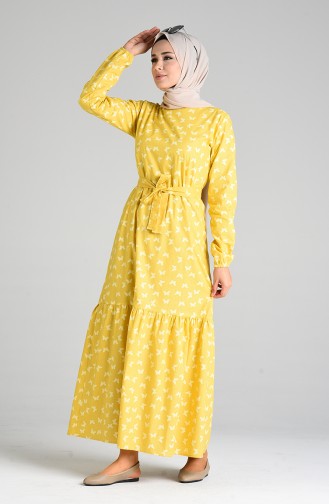 Patterned Mother and Daughter Combination Dress 4601-02 Mustard 4601-02