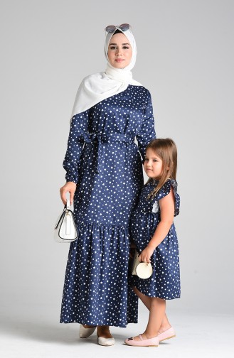 Patterned Mother Daughter Combination Dress 4603-02 Navy Blue 4603-02