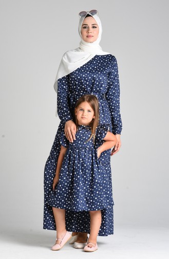 Patterned Mother Daughter Combination Dress 4603-02 Navy Blue 4603-02