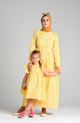 Plaid Mother Girl Combined Dress 4605-02 Yellow 4605-02