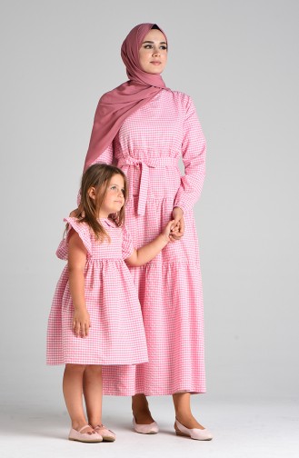 Kareli Anne Kız Kombin Elbise 4605-06 Pembe