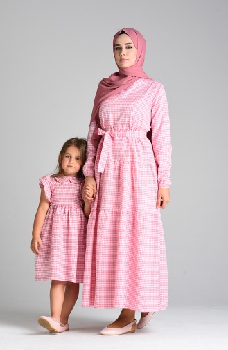 Kareli Anne Kız Kombin Elbise 4605-06 Pembe