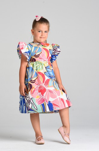 Patterned Mother Daughter Combination Dress 4622-01 Saxe Blue Green 4622-01