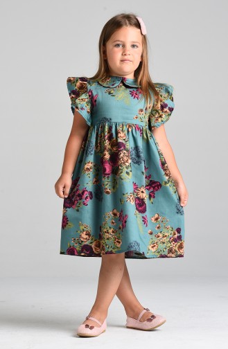 Patterned Children s Dress 4632-01 Green Damson 4632-01