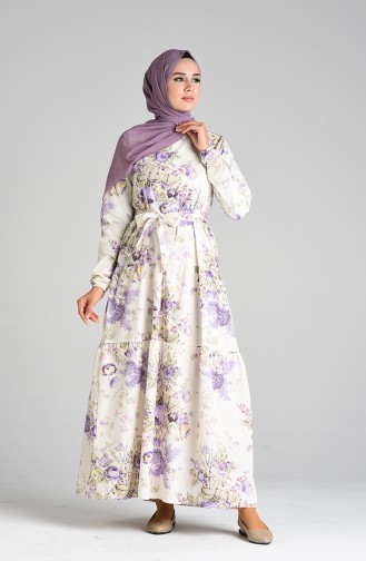 Desenli Anne Kız Kombin Elbise 4633-01 Ekru Lila