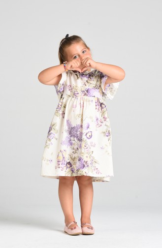 Desenli Anne Kız Kombin Elbise 4633-01 Ekru Lila