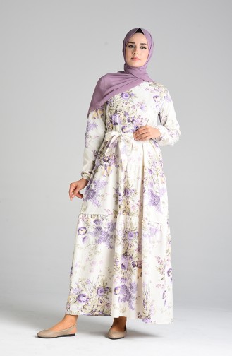 Desenli Anne Kız Kombin Elbise 4633-01 Ekru Lila