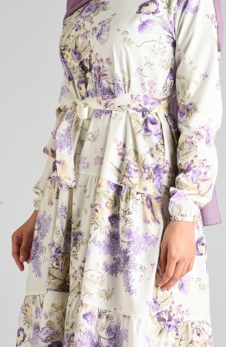 Desenli Anne Kız Kombin Elbise 4633-01 Ekru Lila