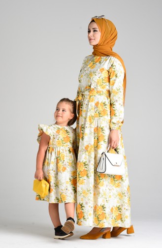 Patterned Mother Daughter Combination Dress 4635-01 Ecru Mustard 4635-01