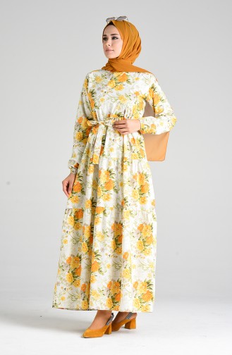 Patterned Mother Daughter Combination Dress 4635-01 Ecru Mustard 4635-01