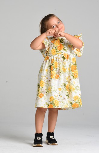 Patterned Mother Daughter Combination Dress 4635-01 Ecru Mustard 4635-01