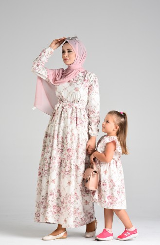 Patterned Mother Daughter Combination Dress 4644-01 Ecru Powder 4644-01