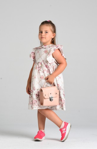 Desenli Anne Kız Kombin Elbise 4644-01 Ekru Pudra