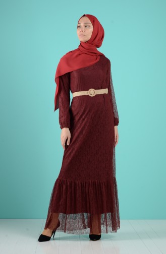 Kemerli Elbise 4467-01 Bordo