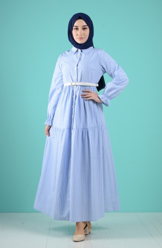 Boydan Düğmeli Kemerli Elbise 8077A-01 Mavi