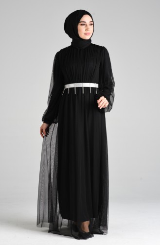 Belted Tulle Evening Dress 4106-01 Black 4106-01