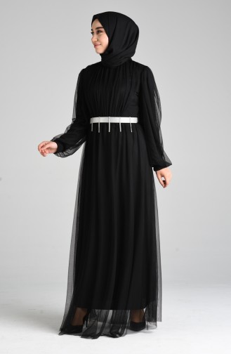 Belted Tulle Evening Dress 4106-01 Black 4106-01