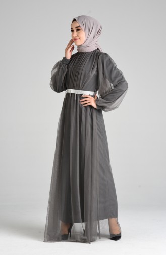 Belted Tulle Evening Dress 4106-02 Dark Gray 4106-02