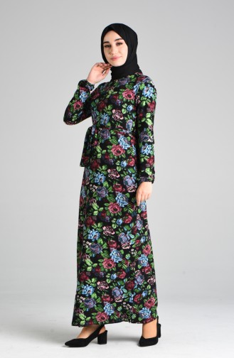 Floral Print Dress 8876-02 Black Green 8876-02