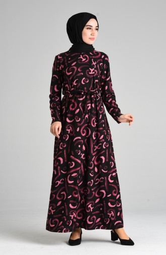 Desenli Kuşaklı Elbise 5709A-01 Siyah Fuşya