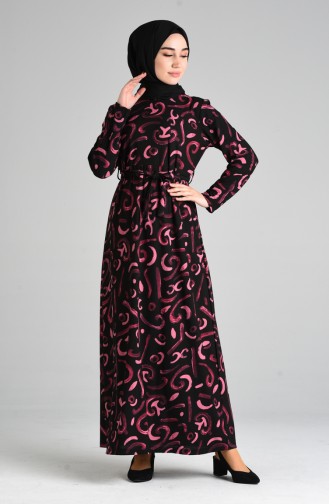 Patterned Belted Dress 5709a-01 Black Fuchsia 5709A-01