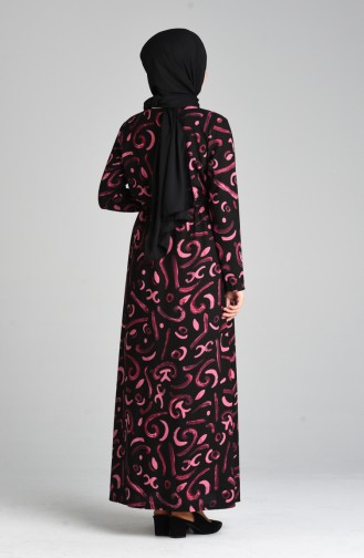 Desenli Kuşaklı Elbise 5709A-01 Siyah Fuşya