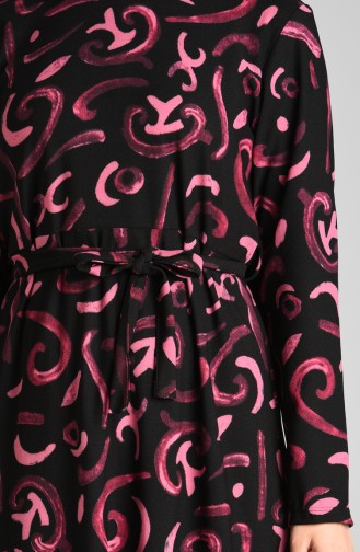 Patterned Belted Dress 5709a-01 Black Fuchsia 5709A-01