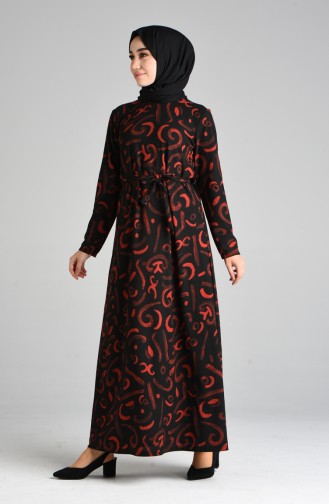 Desenli Kuşaklı Elbise 5709A-02 Siyah Kiremit