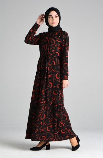 Patterned Belted Dress 5709a-02 Black Tile 5709A-02