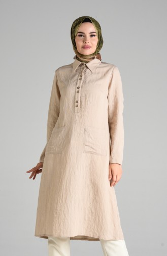 Düğmeli Keten Tunik 2373-06 Bej
