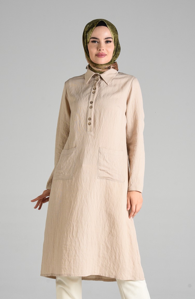 Düğmeli Keten Tunik 2373-06 Bej