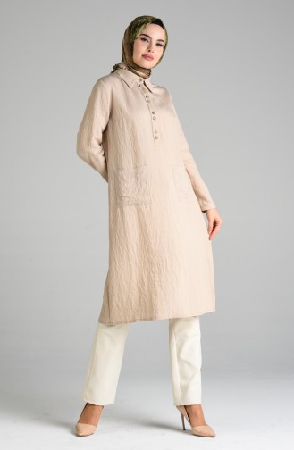 Düğmeli Keten Tunik 2373-06 Bej