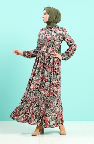 Viscose Patterned Dress with Belt 4539-02 Khaki 4539-02
