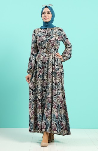 Viscose Patterned Belt Dress 4539-04 Petrol 4539-04