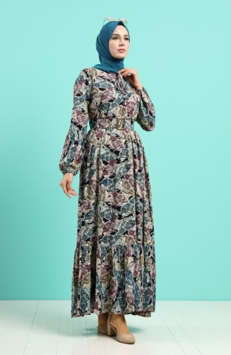 Viscose Patterned Belt Dress 4539-04 Petrol 4539-04