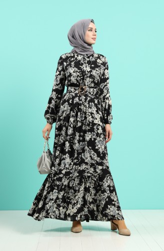 Viskon Çiçek Desenli Kemerli Elbise 4540-01 Siyah