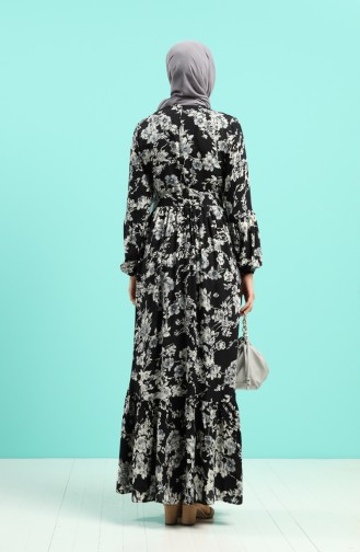 Viskon Çiçek Desenli Kemerli Elbise 4540-01 Siyah