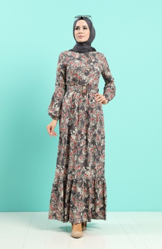 Viscose Floral Print Belt Dress 4541-05 Gray 4541-05