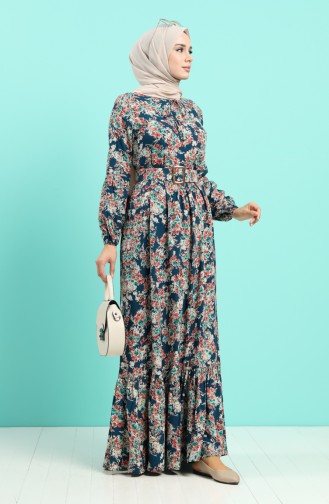 Viscose Floral Print Belt Dress 4541-06 Petrol 4541-06