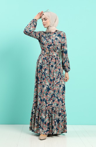 Viscose Floral Print Belt Dress 4541-06 Petrol 4541-06