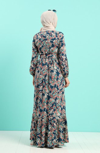 Viscose Floral Print Belt Dress 4541-06 Petrol 4541-06