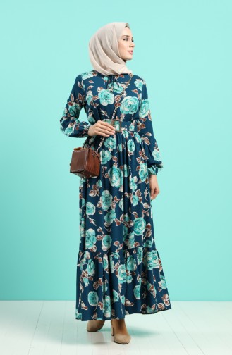 Viscose Floral Print Belt Dress 4542-01 Petrol 4542-01