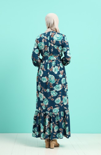 Viscose Floral Print Belt Dress 4542-01 Petrol 4542-01